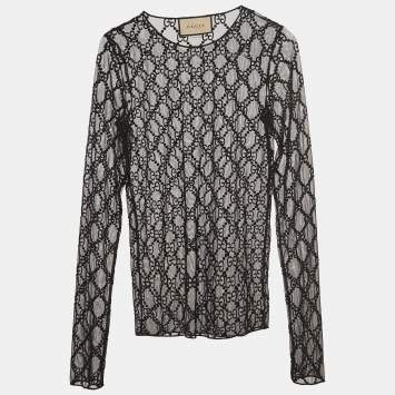 Pre Owned Gucci Black GG Embroidered Mesh Long Sleeve Top XXS
