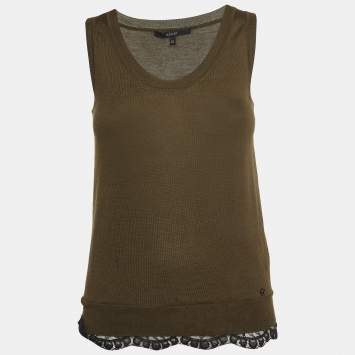 Pre Owned Gucci Olive Green Knit Lace Trimmed Sleeveless Top XS
