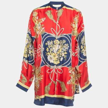 Pre Owned Gucci Red Floral and Tassel Print Silk Oversized Blouse M