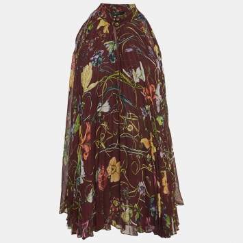 Pre Owned Gucci Burgundy Floral Print Silk Pleated Halter Neck Blouse M