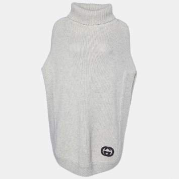 Pre Owned Gucci Cream Camel Wool Knit GG  Embroidered Poncho S