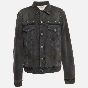 Pre Owned Gucci Grey Distressed Ripped Denim Metal Detail Jacket XL