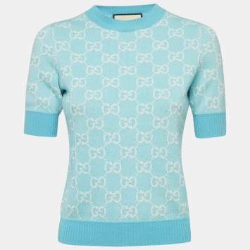 Pre Owned Gucci Light Blue GG Jacquard Knit Top XS