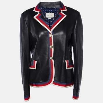 Pre Owned Gucci Black Leather Web Trim Appliqued Button Front Jacket L