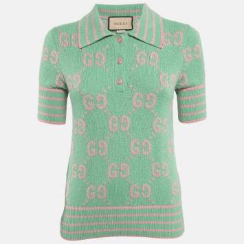 Pre Owned Gucci Green GG Intarsia Cotton Knit Polo Top S