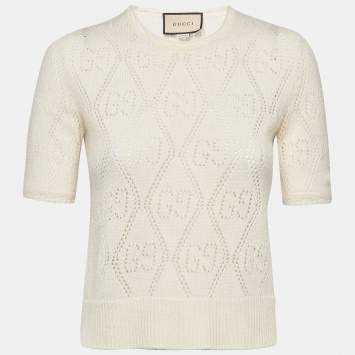 Pre Owned Gucci Cream GG Eyelet Wool Knit Crew Neck Top XS
