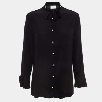 Pre Owned Gucci Black Silk GG Embellished Button Tie-Up Neck Shirt M