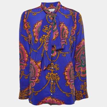 مملوكة مسبقًا Gucci Blue Paisley Print Silk Button Front Blouse M