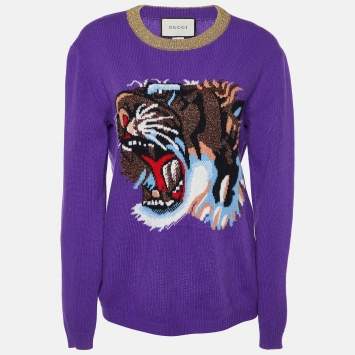Pre Owned Gucci Purple Tiger Intarsia Knit Long Sleeve Sweater M