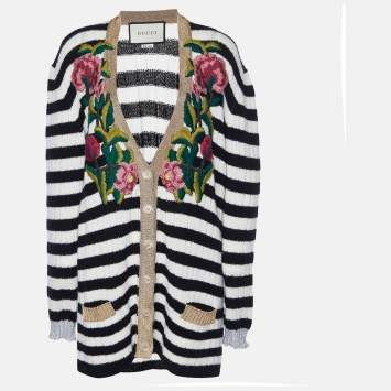 Pre Owned Gucci Monochrome Striped Cashmere & Wool Knit Embroidered Cardigan M