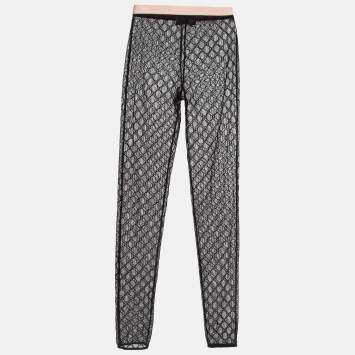 Pre Owned Gucci Black Logo Embroidered Tulle Sheer Leggings M