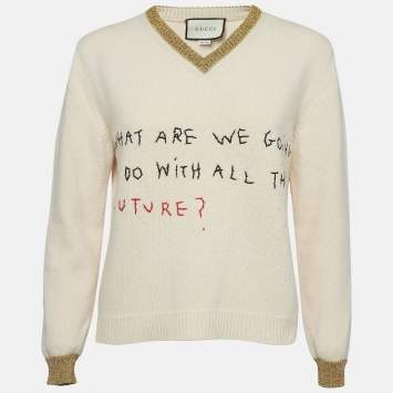 Pre Owned Gucci Beige Embroidered Wool Coco Captain Sweater S