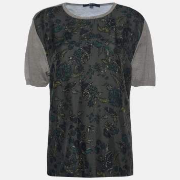 Pre Owned Gucci Olive Green Floral Print Silk & Knit Crew Neck Jumper M