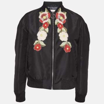 Pre Owned Gucci Black Floral Embroidered Synthetic Bomber Jacket M