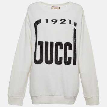 Pre Owned Gucci Off White Crystal Printed Cotton Sweatshirt M