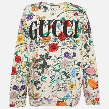 Pre Owned Gucci Cream Flora Print Cotton Crewneck Oversized Sweatshirt M