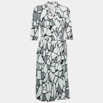 Pre Owned Gucci Monochrome Printed Jersey Midi Wrap Dress XL