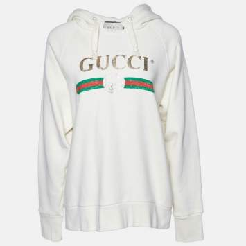 Pre Owned Gucci Cream Blind For Love Embroidered Cotton Distressed Hoodie S