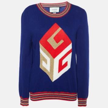 Pre Owned Gucci Navy Blue Intarsia Cube Lurex Wool Knit Sweater L
