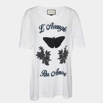 Pre Owned Gucci White L'Aveugle Par Amour Print Cotton Crew Neck T-Shirt L