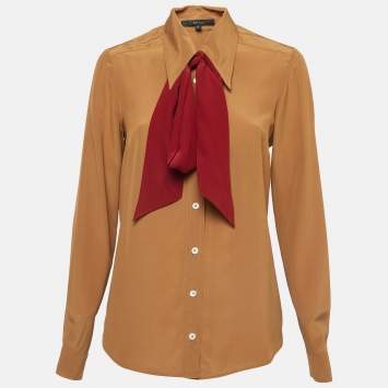 Pre Owned Gucci Brown Silk Neck Tie-Up Shirt M