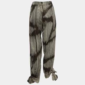 Pre Owned Gucci Black & White Silk Brocade Tie Up Pants S