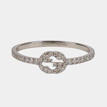 Gucci 18K White Gold Diamond Interlocking G Ring Size 16