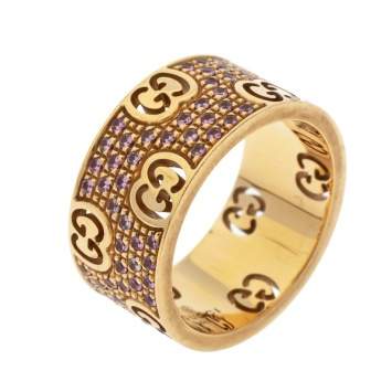 Pre Owned Gucci Icon Stardust Pink Sapphire 18K Rose Gold Band Ring Size 52