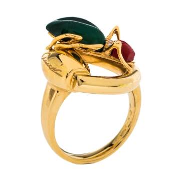 Pre Owned Gucci Horsebit Beetle Malachite Coral Diamond 18K Yellow Gold Cocktail Ring Size 54