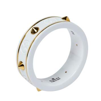 Pre Owned Gucci Icon White Zirconia 18K Yellow Gold Ring Size 59