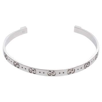 Pre Owned Gucci GG Motif 18K White Gold Narrow Open Cuff Bracelet 