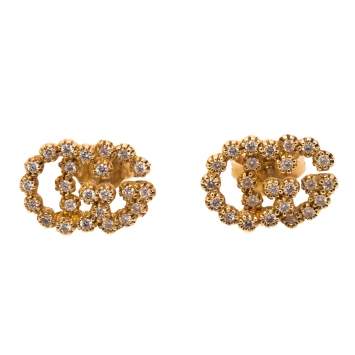 Pre Owned Gucci GG Running Diamond 18K Yellow Gold Stud Earrings