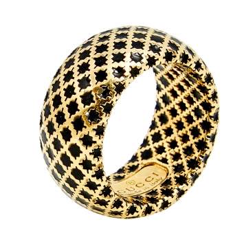 Pre Owned Gucci Diamantissima Black Enamel 18k Yellow Gold Band Ring Size 52
