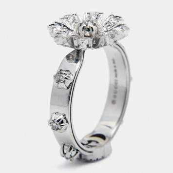 Pre Owned Gucci Flora Diamonds 18k White Gold Ring Size 57