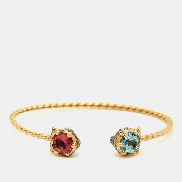 Pre Owned Gucci Marche des Merveilles Feline Diamond Aquamarine Pink Tourmaline 18K Yellow Gold Cuff Bracelet 16