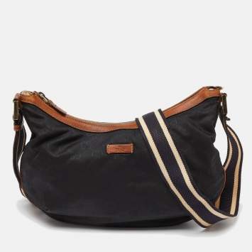 Pre Owned Gucci Navy Blue/Tan GG Nylon and Leather Hobo