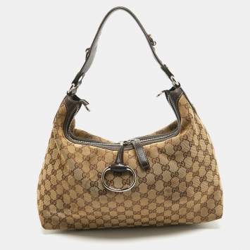 Pre Owned Gucci Brown/Beige GG Canvas and Leather Medium Icon Bit Hobo