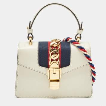 Pre Owned Gucci White Leather Mini Web Sylvie Top Handle Bag