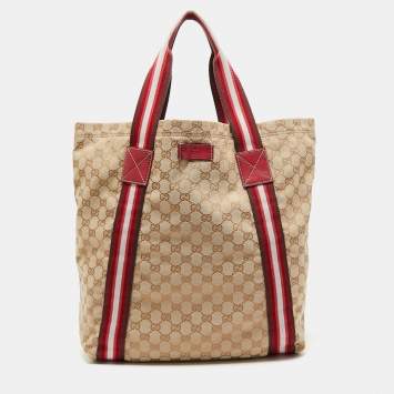 مملوكة مسبقًا Gucci Beige/Red GG Canvas Web Shopper Tote