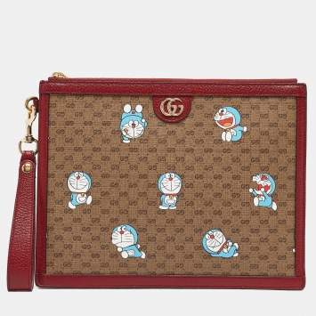 Pre Owned Gucci x Doraemon Red/Beige Mini GG Supreme and Doraemon Canvas Pouch