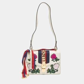 Pre Owned Gucci Off White Leather Small Web Embroidered Sylvie Shoulder Bag