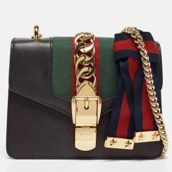 Pre Owned Gucci Black Leather Mini Web Chain Sylvie Crossbody Bag