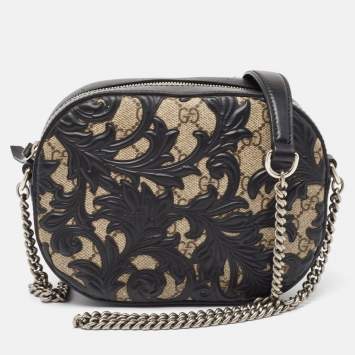 Pre Owned Gucci Black/Beige GG Supreme Canvas Arabesque Mini Chain Bag