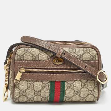 Pre Owned Gucci Beige/Brown GG Supreme Canvas and Leather Mini Ophidia Crossbody Bag