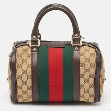Pre Owned Gucci Brown/Beige GG Canvas and Leather Web Boston Bag