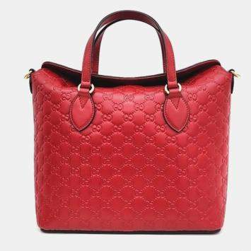 Pre Owned Gucci Red Leather Medium Guccissima Top Handle Bag