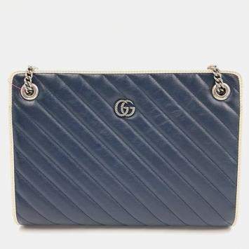 Pre Owned Gucci Blue Diagonal Quilted Leather Medium GG Marmont Accordion Shoulder Bag 