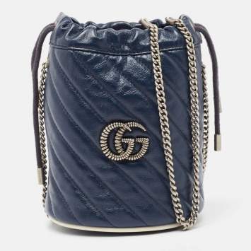 Pre Owned Gucci Navy Blue Matelasse Leather Mini GG Marmont Torchon Bucket Bag      