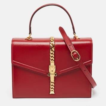 Pre Owned Gucci Red Leather Sylvie 1969 Top Handle Bag