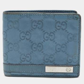 Pre Owned Gucci Blue Guccissima Leather Metal Bar Bifold Wallet